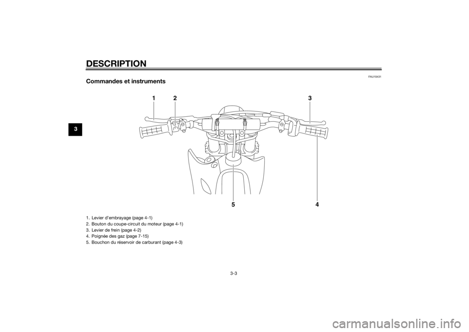YAMAHA YZ85 2014 Notices Demploi (in French) DESCRIPTION
3-3
3
FAU10431
Commandes et instruments
1
2
3
4
5
1. Levier d’embrayage (page 4-1)
2. Bouton du coupe-circuit du moteur (page 4-1)
3. Levier de frein (page 4-2)
4. Poignée des gaz (page YAMAHA YZ85 2014 Notices Demploi (in French) DESCRIPTION
3-3
3
FAU10431
Commandes et instruments
1
2
3
4
5
1. Levier d’embrayage (page 4-1)
2. Bouton du coupe-circuit du moteur (page 4-1)
3. Levier de frein (page 4-2)
4. Poignée des gaz (page