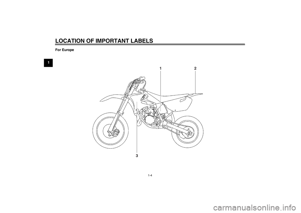 YAMAHA YZ85 2013 User Guide LOCATION OF IMPORTANT LABELS
1-4
1For Europe
1
2
3
U1SN81E0.book Page 4 Tuesday, June 12, 2012 3:17 PM YAMAHA YZ85 2013 User Guide LOCATION OF IMPORTANT LABELS
1-4
1For Europe
1
2
3
U1SN81E0.book Page 4 Tuesday, June 12, 2012 3:17 PM