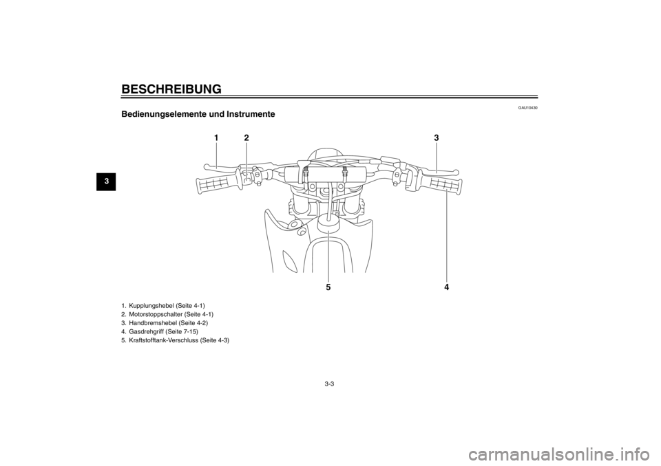 YAMAHA YZ85 2013  Betriebsanleitungen (in German) BESCHREIBUNG
3-3
3
GAU10430
Bedienungselemente und Instrumente
1
2
3
4
5
1. Kupplungshebel (Seite 4-1)
2. Motorstoppschalter (Seite 4-1)
3. Handbremshebel (Seite 4-2)
4. Gasdrehgriff (Seite 7-15)
5. K