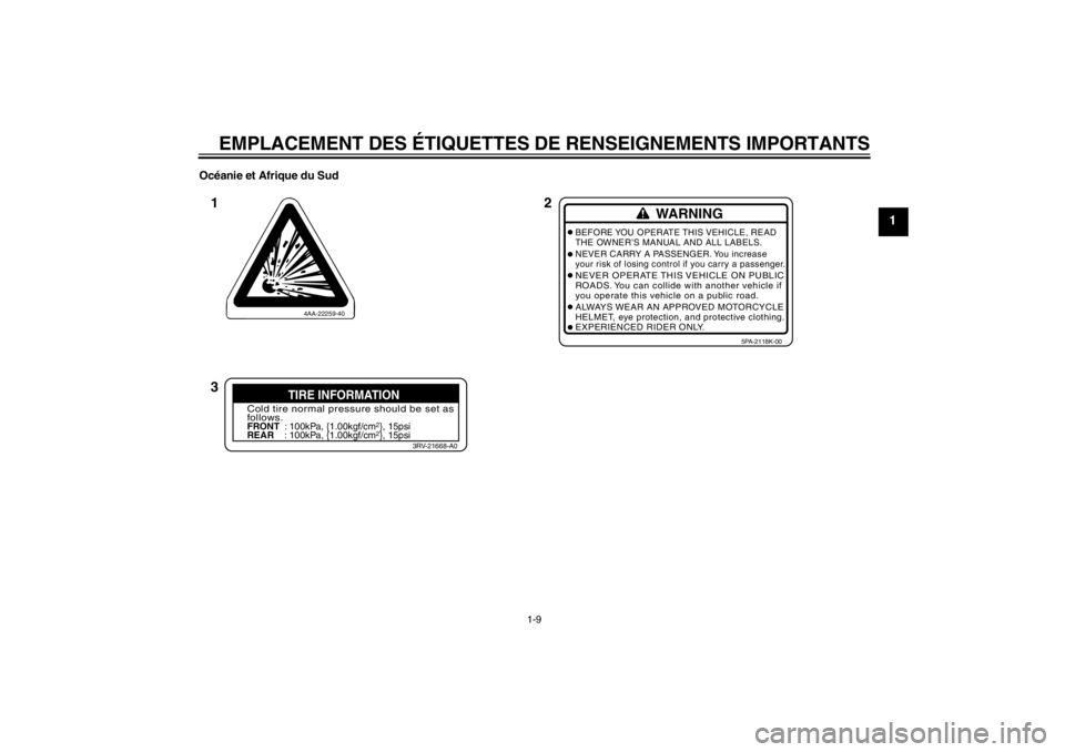YAMAHA YZ85 2013 Notices Demploi (in French) EMPLACEMENT DES ÉTIQUETTES DE RENSEIGNEMENTS IMPORTANTS
1-9
1
Océanie et Afrique du Sud
4AA-22259-40
WARNING
BEFORE YOU OPERATE THIS VEHICLE, READ
THE OWNER’S MANUAL AND ALL LABELS.
NEVER CARRY A YAMAHA YZ85 2013 Notices Demploi (in French) EMPLACEMENT DES ÉTIQUETTES DE RENSEIGNEMENTS IMPORTANTS
1-9
1
Océanie et Afrique du Sud
4AA-22259-40
WARNING
BEFORE YOU OPERATE THIS VEHICLE, READ
THE OWNER’S MANUAL AND ALL LABELS.
NEVER CARRY A