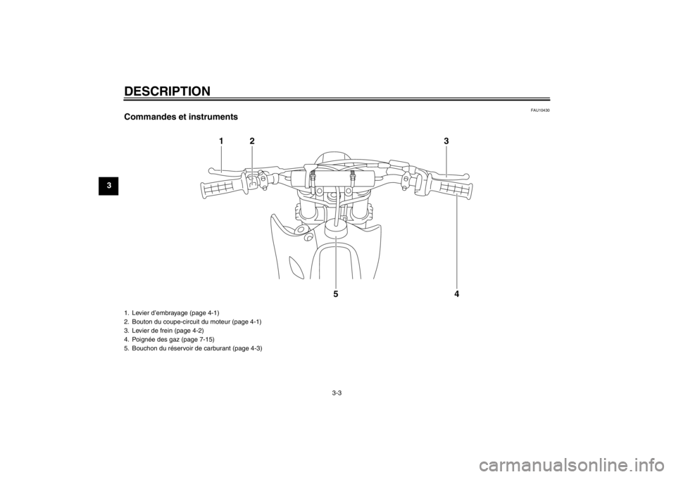 YAMAHA YZ85 2013 Notices Demploi (in French) DESCRIPTION
3-3
3
FAU10430
Commandes et instruments
1
2
3
4
5
1. Levier d’embrayage (page 4-1)
2. Bouton du coupe-circuit du moteur (page 4-1)
3. Levier de frein (page 4-2)
4. Poignée des gaz (page YAMAHA YZ85 2013 Notices Demploi (in French) DESCRIPTION
3-3
3
FAU10430
Commandes et instruments
1
2
3
4
5
1. Levier d’embrayage (page 4-1)
2. Bouton du coupe-circuit du moteur (page 4-1)
3. Levier de frein (page 4-2)
4. Poignée des gaz (page