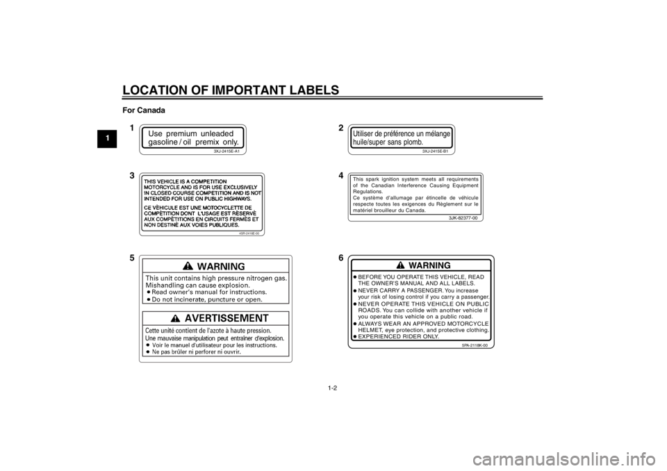 YAMAHA YZ85 2012 User Guide LOCATION OF IMPORTANT LABELS
1-2
1For Canada
Use premium unleaded
gasoline /  oil    premix  only.
3XJ-2415E-A1
Utiliser de préférence un mélangehuile/super sans plomb.
3XJ-2415E-B1
4SR-2416E-00
3J