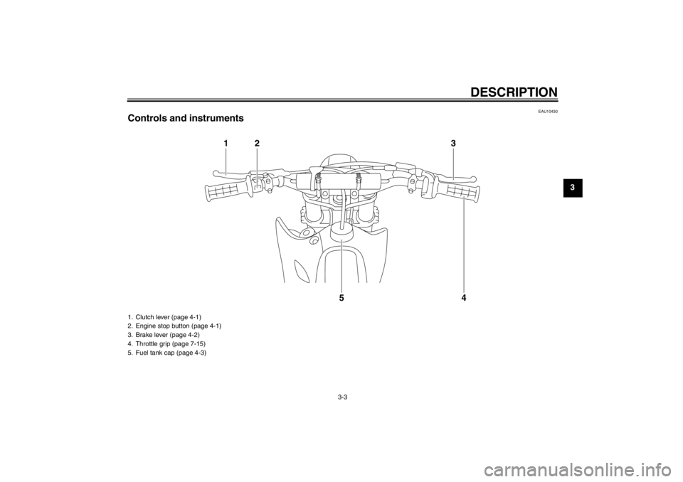YAMAHA YZ85 2012 Owners Manual DESCRIPTION
3-3
3
EAU10430
Controls and instruments
1
2
3
4
5
1. Clutch lever (page 4-1)
2. Engine stop button (page 4-1)
3. Brake lever (page 4-2)
4. Throttle grip (page 7-15)
5. Fuel tank cap (page 