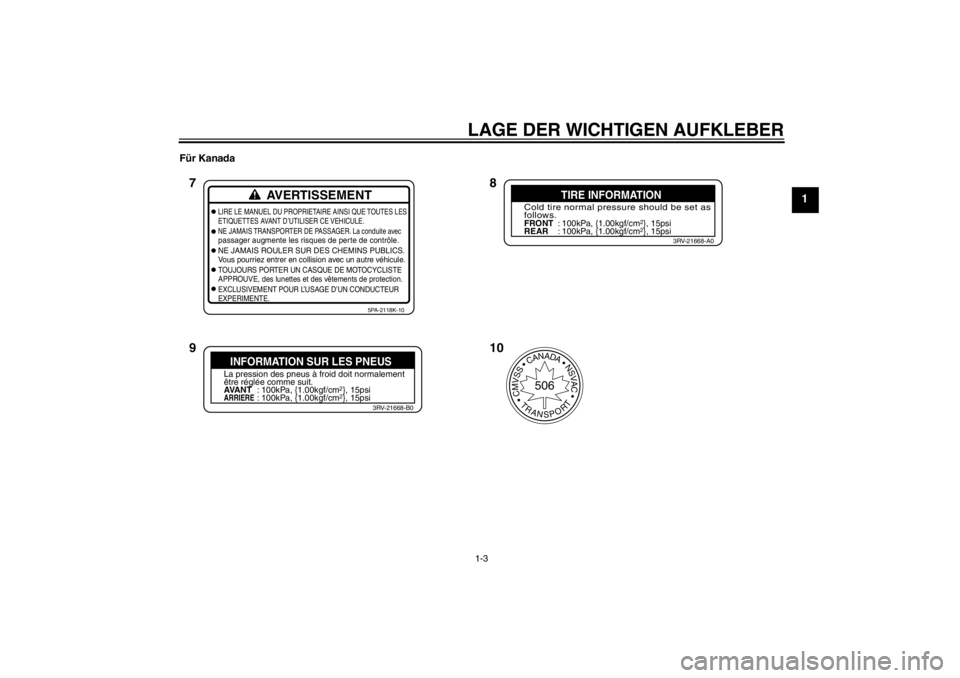 YAMAHA YZ85 2012 Betriebsanleitungen (in German) LAGE DER WICHTIGEN AUFKLEBER1-3
1
Für Kanada
AVERTISSEMENT
LIRE LE MANUEL DU PROPRIETAIRE AINSI QUE TOUTES LES
ETIQUETTES AVANT D ’UTILISER CE VEHICULE.
NE JAMAIS TRANSPORTER DE PASSAGER. La condui YAMAHA YZ85 2012 Betriebsanleitungen (in German) LAGE DER WICHTIGEN AUFKLEBER1-3
1
Für Kanada
AVERTISSEMENT
LIRE LE MANUEL DU PROPRIETAIRE AINSI QUE TOUTES LES
ETIQUETTES AVANT D ’UTILISER CE VEHICULE.
NE JAMAIS TRANSPORTER DE PASSAGER. La condui