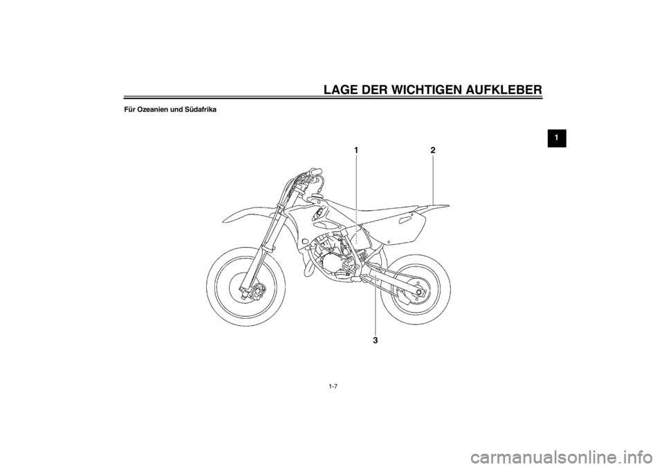 YAMAHA YZ85 2012 Betriebsanleitungen (in German) LAGE DER WICHTIGEN AUFKLEBER1-7
1
Für Ozeanien und S üdafrika
1
2
3
U1SN80G0.book Page 7 Wednesday, June 8, 2011 4:29 PM YAMAHA YZ85 2012 Betriebsanleitungen (in German) LAGE DER WICHTIGEN AUFKLEBER1-7
1
Für Ozeanien und S üdafrika
1
2
3
U1SN80G0.book Page 7 Wednesday, June 8, 2011 4:29 PM