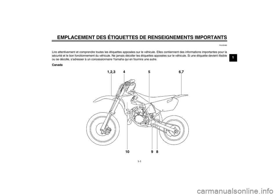 YAMAHA YZ85 2012  Notices Demploi (in French) EMPLACEMENT DES ÉTIQUETTES DE RENSEIGNEMENTS IMPORTANTS
1-1
1
FAU50480
Lire attentivement et comprendre toutes les  étiquettes appos ées sur le v éhicule. Elles contiennent des informations import