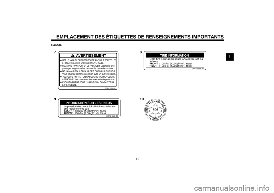 YAMAHA YZ85 2012  Notices Demploi (in French) EMPLACEMENT DES ÉTIQUETTES DE RENSEIGNEMENTS IMPORTANTS
1-3
1
Canada
AVERTISSEMENT
LIRE LE MANUEL DU PROPRIETAIRE AINSI QUE TOUTES LES
ETIQUETTES AVANT D ’UTILISER CE VEHICULE.
NE JAMAIS TRANSPORTE