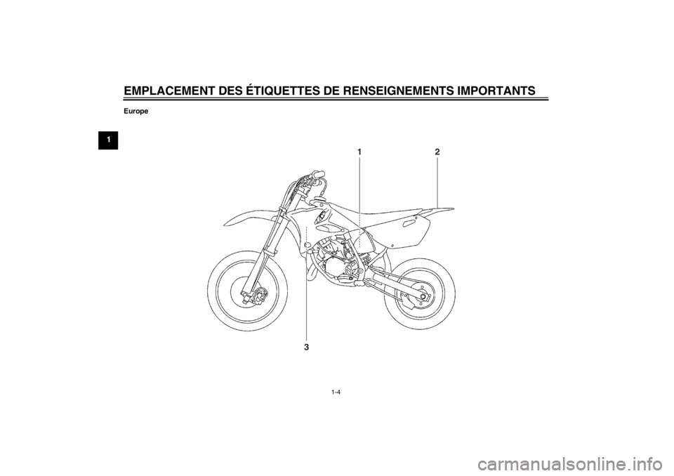 YAMAHA YZ85 2012  Notices Demploi (in French) EMPLACEMENT DES ÉTIQUETTES DE RENSEIGNEMENTS IMPORTANTS
1-4
1
Europe
1
2
3
U1SN80F0.book  Page 4  Wednesday, June 8, 2011  4:22 PM 