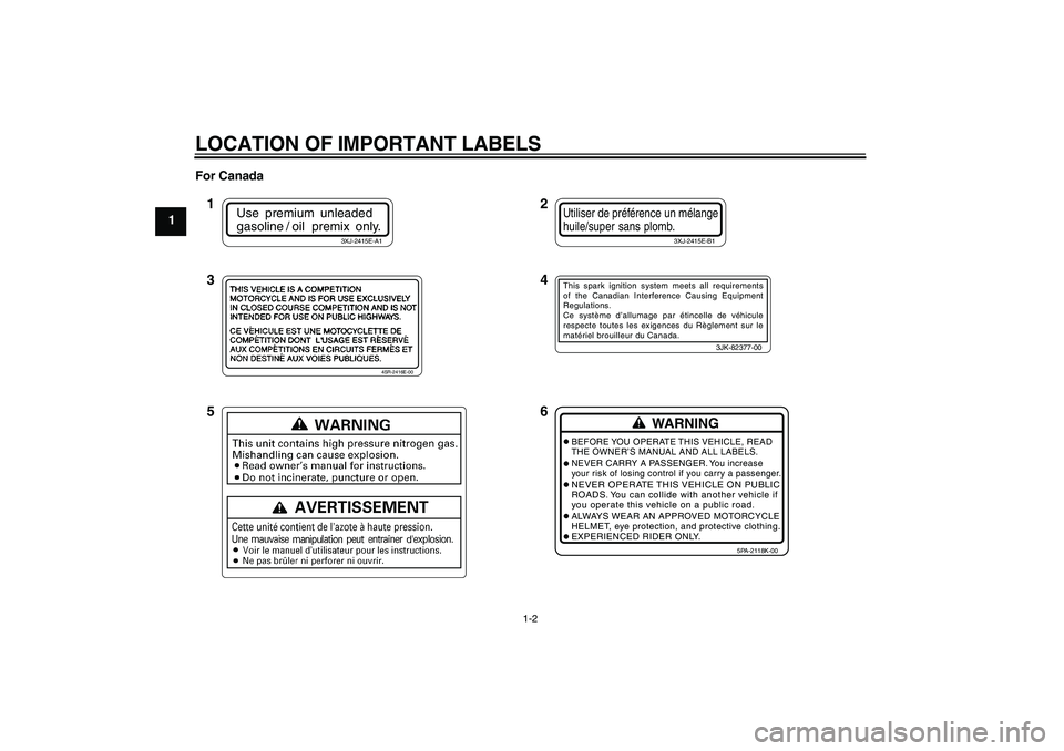 YAMAHA YZ85 2011 User Guide LOCATION OF IMPORTANT LABELS
1-2
1For Canada
Use premium unleaded
gasoline /  oil    premix  only.
3XJ-2415E-A1
Utiliser de préférence un mélangehuile/super sans plomb.
3XJ-2415E-B1
4SR-2416E-00
3J