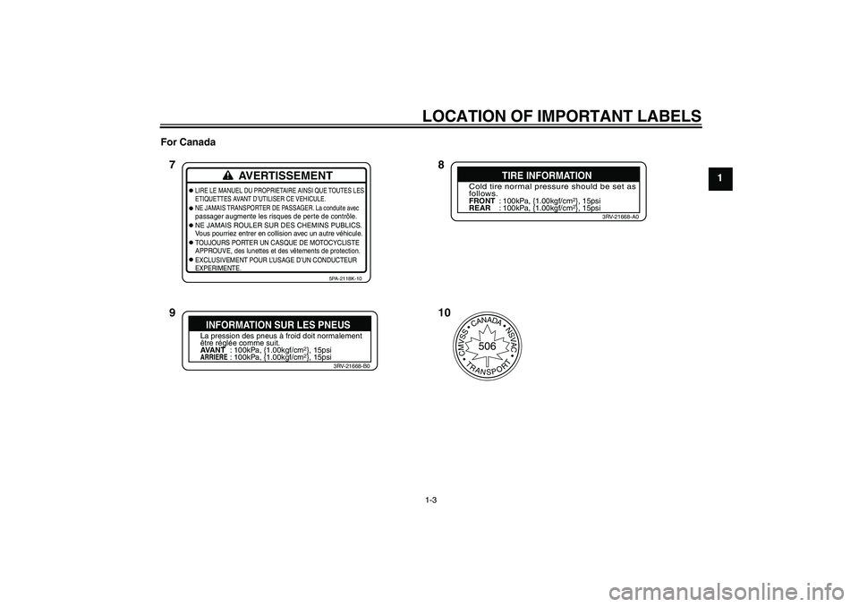 YAMAHA YZ85 2011 User Guide LOCATION OF IMPORTANT LABELS1-3
1 For Canada
AVERTISSEMENT
LIRE LE MANUEL DU PROPRIETAIRE AINSI QUE TOUTES LES
ETIQUETTES AVANT D’UTILISER CE VEHICULE.
NE JAMAIS TRANSPORTER DE PASSAGER. La conduite