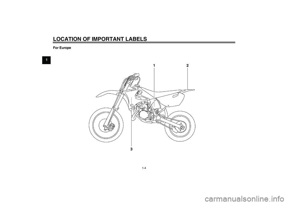 YAMAHA YZ85 2011 User Guide LOCATION OF IMPORTANT LABELS
1-4
1For Europe
1
2
3
U5PA89E0.book  Page 4  Tuesday, June 15, 2010  10:34 AM 