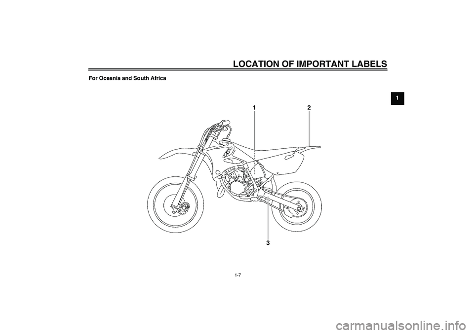 YAMAHA YZ85 2011 User Guide LOCATION OF IMPORTANT LABELS1-7
1 For Oceania and South Africa
1
2
3
U5PA89E0.book  Page 7  Tuesday, June 15, 2010  10:34 AM 