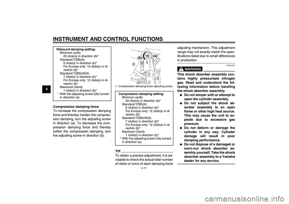 YAMAHA YZ85 2011 Owners Guide INSTRUMENT AND CONTROL FUNCTIONS
4-11
4
Compression damping force
To increase the compression damping
force and thereby harden the compres-
sion damping, turn the adjusting screw
in direction (a). To 