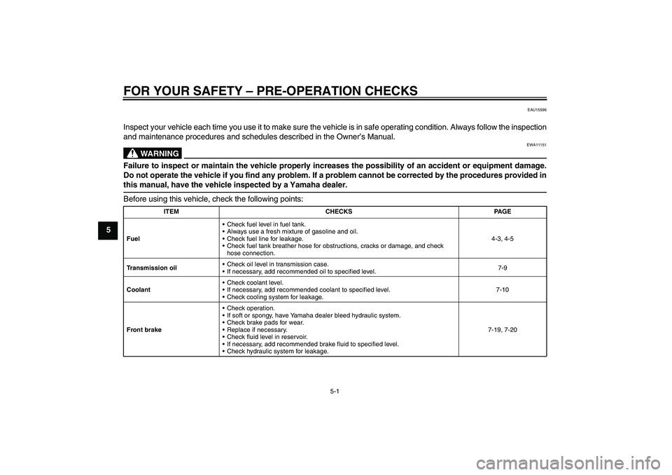 YAMAHA YZ85 2011 Owners Guide FOR YOUR SAFETY – PRE-OPERATION CHECKS
5-1
5
EAU15596
Inspect your vehicle each time you use it to make sure the vehicle is in safe operating condition. Always follow the inspection
and maintenance 