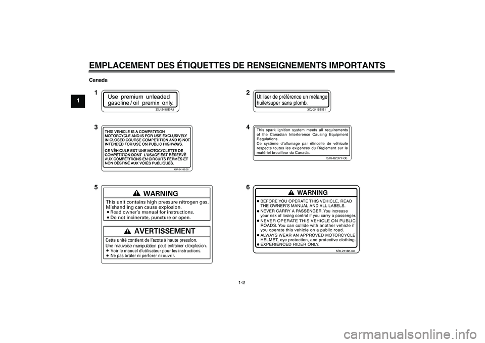 YAMAHA YZ85 2011  Notices Demploi (in French) EMPLACEMENT DES ÉTIQUETTES DE RENSEIGNEMENTS IMPORTANTS
1-2
1
Canada
Use premium unleaded
gasoline /  oil    premix  only.
3XJ-2415E-A1
Utiliser de préférence un mélangehuile/super sans plomb.
3XJ