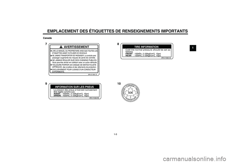 YAMAHA YZ85 2011  Notices Demploi (in French) EMPLACEMENT DES ÉTIQUETTES DE RENSEIGNEMENTS IMPORTANTS
1-3
1
Canada
AVERTISSEMENT
LIRE LE MANUEL DU PROPRIETAIRE AINSI QUE TOUTES LES
ETIQUETTES AVANT D’UTILISER CE VEHICULE.
NE JAMAIS TRANSPORTER