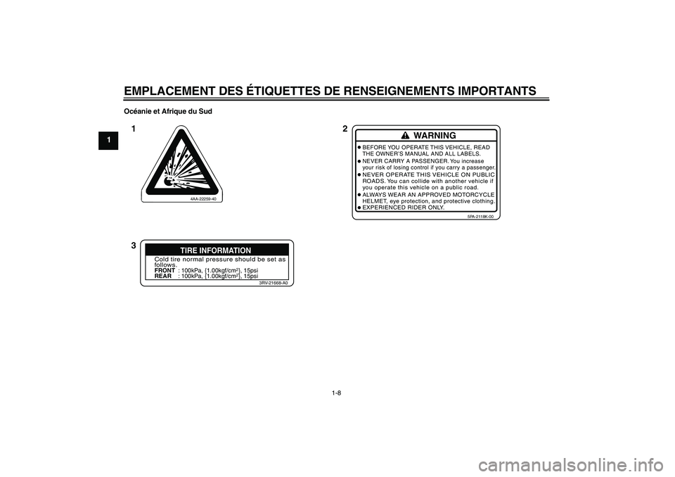 YAMAHA YZ85 2011  Notices Demploi (in French) EMPLACEMENT DES ÉTIQUETTES DE RENSEIGNEMENTS IMPORTANTS
1-8
1
Océanie et Afrique du Sud
4AA-22259-40
WARNING
BEFORE YOU OPERATE THIS VEHICLE, READ
THE OWNER’S MANUAL AND ALL LABELS.
NEVER CARRY A 