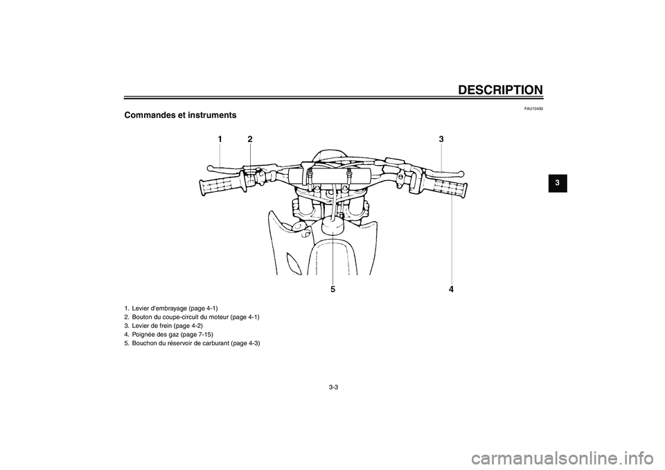 YAMAHA YZ85 2011  Notices Demploi (in French) DESCRIPTION
3-3
3
FAU10430
Commandes et instruments1. Levier d’embrayage (page 4-1)
2. Bouton du coupe-circuit du moteur (page 4-1)
3. Levier de frein (page 4-2)
4. Poignée des gaz (page 7-15)
5. B
