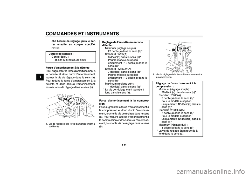 YAMAHA YZ85 2011  Notices Demploi (in French) COMMANDES ET INSTRUMENTS
4-11
4
che l’écrou de réglage, puis le ser-
rer ensuite au couple spécifié.[FCA10121]
Force d’amortissement à la détente
Pour augmenter la force d’amortissement à