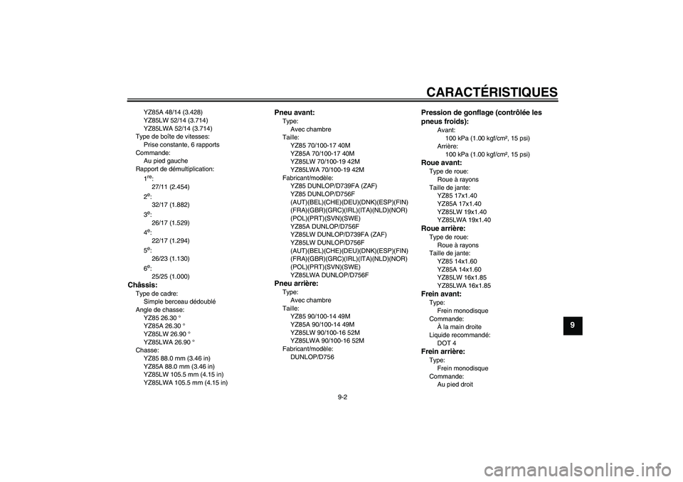 YAMAHA YZ85 2011 Notices Demploi (in French) CARACTÉRISTIQUES
9-2
9
YZ85A 48/14 (3.428)
YZ85LW 52/14 (3.714)
YZ85LWA 52/14 (3.714)
Type de boîte de vitesses:
Prise constante, 6 rapports
Commande:
Au pied gauche
Rapport de démultiplication:
1r YAMAHA YZ85 2011 Notices Demploi (in French) CARACTÉRISTIQUES
9-2
9
YZ85A 48/14 (3.428)
YZ85LW 52/14 (3.714)
YZ85LWA 52/14 (3.714)
Type de boîte de vitesses:
Prise constante, 6 rapports
Commande:
Au pied gauche
Rapport de démultiplication:
1r
