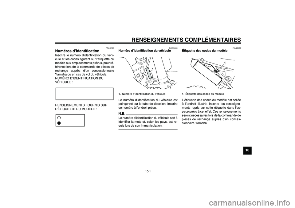 YAMAHA YZ85 2011 Notices Demploi (in French) RENSEIGNEMENTS COMPLÉMENTAIRES
10-1
10
FAU40791
Numéros d’identification Inscrire le numéro d’identification du véhi-
cule et les codes figurant sur l’étiquette du
modèle aux emplacements YAMAHA YZ85 2011 Notices Demploi (in French) RENSEIGNEMENTS COMPLÉMENTAIRES
10-1
10
FAU40791
Numéros d’identification Inscrire le numéro d’identification du véhi-
cule et les codes figurant sur l’étiquette du
modèle aux emplacements