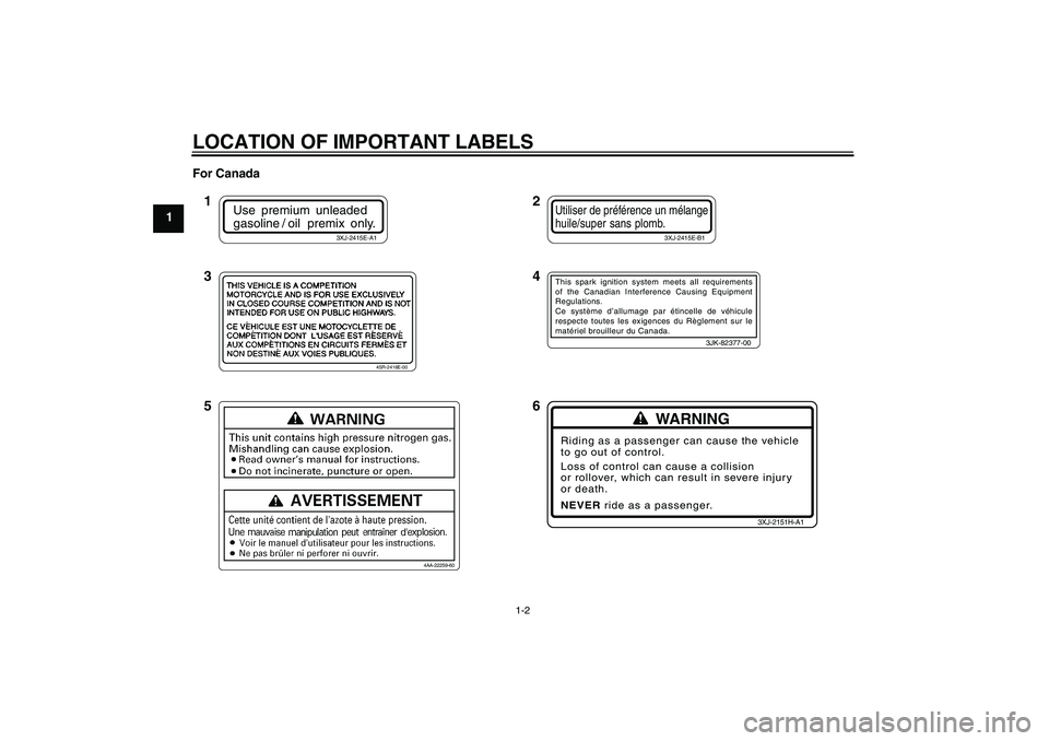 YAMAHA YZ85 2010 User Guide LOCATION OF IMPORTANT LABELS
1-2
1For Canada
WARNING
Riding as a passenger can cause the vehicle
to go out of control.
Loss of control can cause a collision
or rollover, which can result in severe inj
