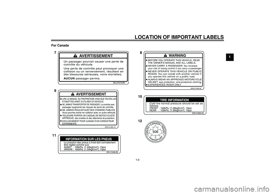 YAMAHA YZ85 2010 User Guide LOCATION OF IMPORTANT LABELS1-3
1 For Canada
AVERTISSEMENT
Un passager pourrait causer une perte de
contrôle du véhicule.
Une perte de contrôle peut provoquer une
collision ou un renversement, rés