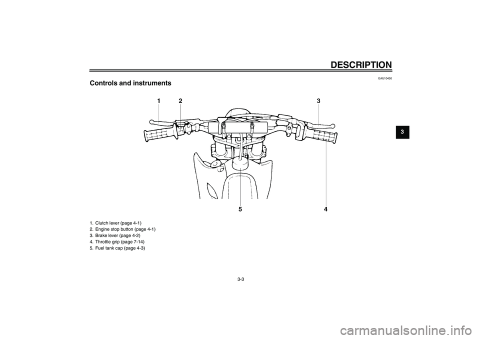 YAMAHA YZ85 2010 Owners Manual DESCRIPTION
3-3
3
EAU10430
Controls and instruments1. Clutch lever (page 4-1)
2. Engine stop button (page 4-1)
3. Brake lever (page 4-2)
4. Throttle grip (page 7-14)
5. Fuel tank cap (page 4-3)
U5PA88