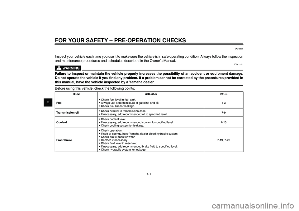 YAMAHA YZ85 2010 Owners Guide FOR YOUR SAFETY – PRE-OPERATION CHECKS
5-1
5
EAU15596
Inspect your vehicle each time you use it to make sure the vehicle is in safe operating condition. Always follow the inspection
and maintenance 