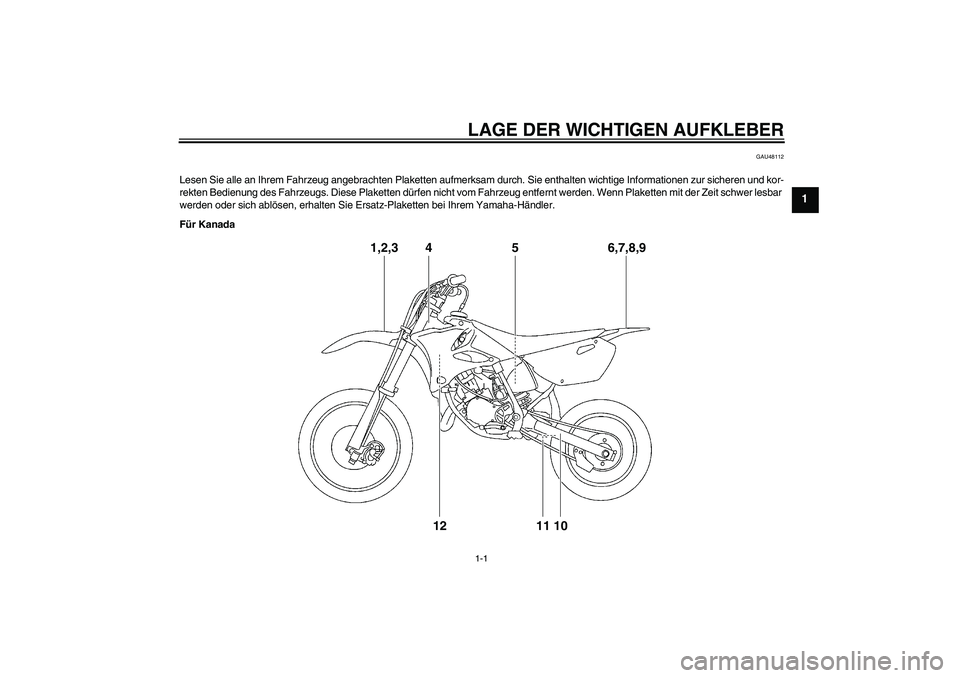 YAMAHA YZ85 2010 Betriebsanleitungen (in German) LAGE DER WICHTIGEN AUFKLEBER1-1
1
GAU48112
Lesen Sie alle an Ihrem Fahrzeug angebrachten Plaketten aufmerksam durch. Sie enthalten wichtige Informationen zur sicheren und kor-
rekten Bedienung des Fah YAMAHA YZ85 2010 Betriebsanleitungen (in German) LAGE DER WICHTIGEN AUFKLEBER1-1
1
GAU48112
Lesen Sie alle an Ihrem Fahrzeug angebrachten Plaketten aufmerksam durch. Sie enthalten wichtige Informationen zur sicheren und kor-
rekten Bedienung des Fah