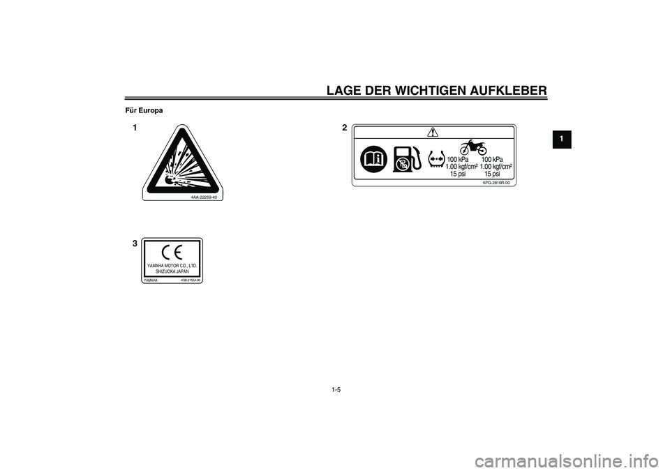 YAMAHA YZ85 2010 Betriebsanleitungen (in German) LAGE DER WICHTIGEN AUFKLEBER1-5
1
Für Europa
5PG-2816R-00
100 kPa
1.00 kgf/cm²
15 psi 100 kPa
1.00 kgf/cm²
15 psi
4AA-22259-40
YAMAHA MOTOR CO., LTD.
SHIZUOKA JAPANYAMAHA
4GB-2155A-00
2 1
3
YAMAHA YZ85 2010 Betriebsanleitungen (in German) LAGE DER WICHTIGEN AUFKLEBER1-5
1
Für Europa
5PG-2816R-00
100 kPa
1.00 kgf/cm²
15 psi 100 kPa
1.00 kgf/cm²
15 psi
4AA-22259-40
YAMAHA MOTOR CO., LTD.
SHIZUOKA JAPANYAMAHA
4GB-2155A-00
2 1
3