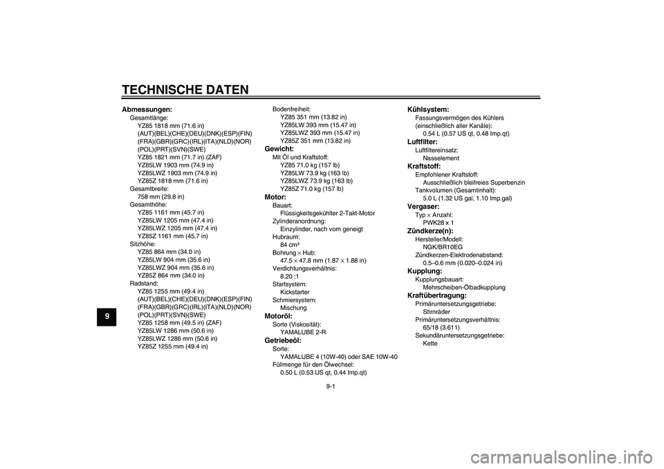 YAMAHA YZ85 2010  Betriebsanleitungen (in German) TECHNISCHE DATEN
9-1
9
Abmessungen:Gesamtlänge:
YZ85 1818 mm (71.6 in) 
(AUT)(BEL)(CHE)(DEU)(DNK)(ESP)(FIN)
(FRA)(GBR)(GRC)(IRL)(ITA)(NLD)(NOR)
(POL)(PRT)(SVN)(SWE)
YZ85 1821 mm (71.7 in) (ZAF)
YZ85L