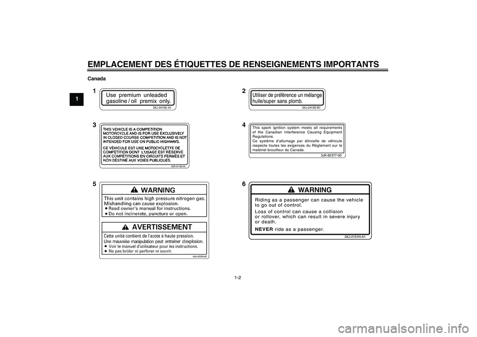 YAMAHA YZ85 2010  Notices Demploi (in French) EMPLACEMENT DES ÉTIQUETTES DE RENSEIGNEMENTS IMPORTANTS
1-2
1
Canada
WARNING
Riding as a passenger can cause the vehicle
to go out of control.
Loss of control can cause a collision
or rollover, which