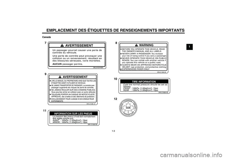 YAMAHA YZ85 2010  Notices Demploi (in French) EMPLACEMENT DES ÉTIQUETTES DE RENSEIGNEMENTS IMPORTANTS
1-3
1
Canada
AVERTISSEMENT
Un passager pourrait causer une perte de
contrôle du véhicule.
Une perte de contrôle peut provoquer une
collision
