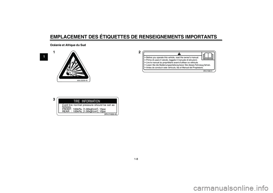 YAMAHA YZ85 2010  Notices Demploi (in French) EMPLACEMENT DES ÉTIQUETTES DE RENSEIGNEMENTS IMPORTANTS
1-8
1
Océanie et Afrique du Sud
4AA-22259-40
Before you operate this vehicle, read the owner’s manual.
Prima di usare il veicolo, leggete il