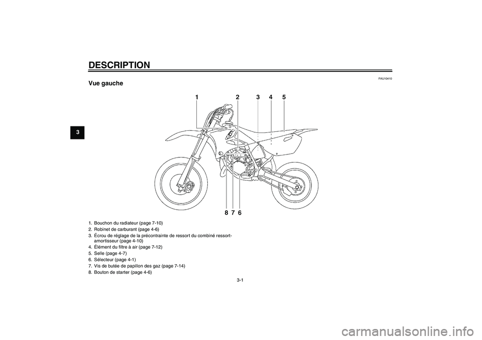 YAMAHA YZ85 2010  Notices Demploi (in French) DESCRIPTION
3-1
3
FAU10410
Vue gauche1. Bouchon du radiateur (page 7-10)
2. Robinet de carburant (page 4-6)
3.Écrou de réglage de la précontrainte de ressort du combiné ressort-
amortisseur (page 