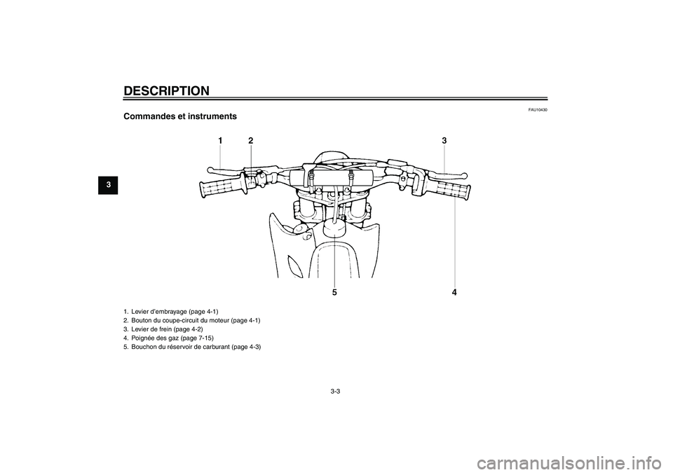 YAMAHA YZ85 2010  Notices Demploi (in French) DESCRIPTION
3-3
3
FAU10430
Commandes et instruments1. Levier d’embrayage (page 4-1)
2. Bouton du coupe-circuit du moteur (page 4-1)
3. Levier de frein (page 4-2)
4. Poignée des gaz (page 7-15)
5. B