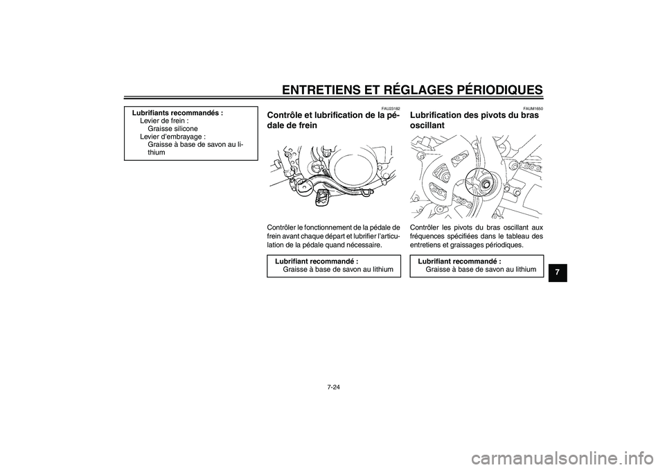 YAMAHA YZ85 2010  Notices Demploi (in French) ENTRETIENS ET RÉGLAGES PÉRIODIQUES
7-24
7
FAU23182
Contrôle et lubrification de la pé-
dale de frein Contrôler le fonctionnement de la pédale de
frein avant chaque départ et lubrifier l’artic