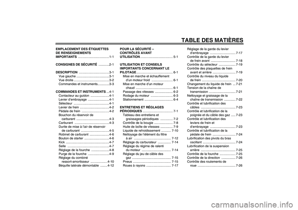 YAMAHA YZ85 2010 Notices Demploi (in French) TABLE DES MATIÈRES
EMPLACEMENT DES ÉTIQUETTES
DE RENSEIGNEMENTS
IMPORTANTS ................................... 1-1
CONSIGNES DE SÉCURITÉ ............ 2-1
DESCRIPTION ............................ YAMAHA YZ85 2010 Notices Demploi (in French) TABLE DES MATIÈRES
EMPLACEMENT DES ÉTIQUETTES
DE RENSEIGNEMENTS
IMPORTANTS ................................... 1-1
CONSIGNES DE SÉCURITÉ ............ 2-1
DESCRIPTION ............................