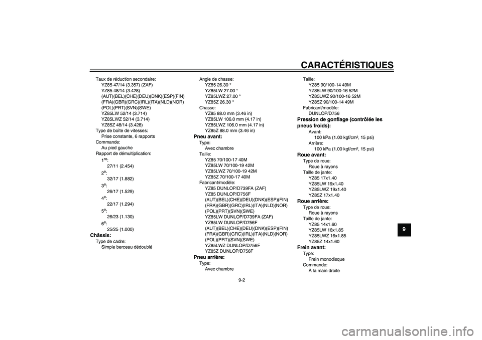YAMAHA YZ85 2010  Notices Demploi (in French) CARACTÉRISTIQUES
9-2
9
Taux de réduction secondaire:
YZ85 47/14 (3.357) (ZAF)
YZ85 48/14 (3.428) 
(AUT)(BEL)(CHE)(DEU)(DNK)(ESP)(FIN)
(FRA)(GBR)(GRC)(IRL)(ITA)(NLD)(NOR)
(POL)(PRT)(SVN)(SWE)
YZ85LW 
