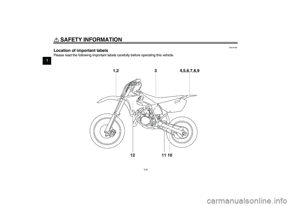 YAMAHA YZ85 2008 User Guide SAFETY INFORMATION
1-4
1
EAU41851
Location of important labels Please read the following important labels carefully before operating this vehicle.U5PA86E0.book  Page 4  Monday, April 9, 2007  3:16 PM 