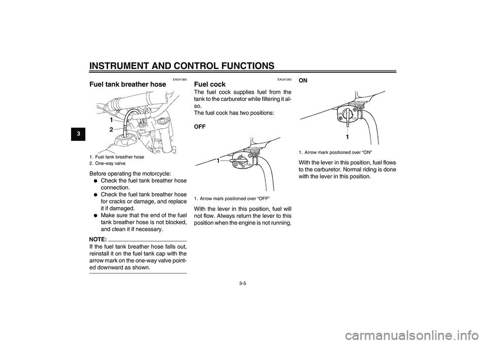 YAMAHA YZ85 2008 Owners Manual INSTRUMENT AND CONTROL FUNCTIONS
3-5
3
EAU41360
Fuel tank breather hose Before operating the motorcycle:
Check the fuel tank breather hose
connection.

Check the fuel tank breather hose
for cracks o