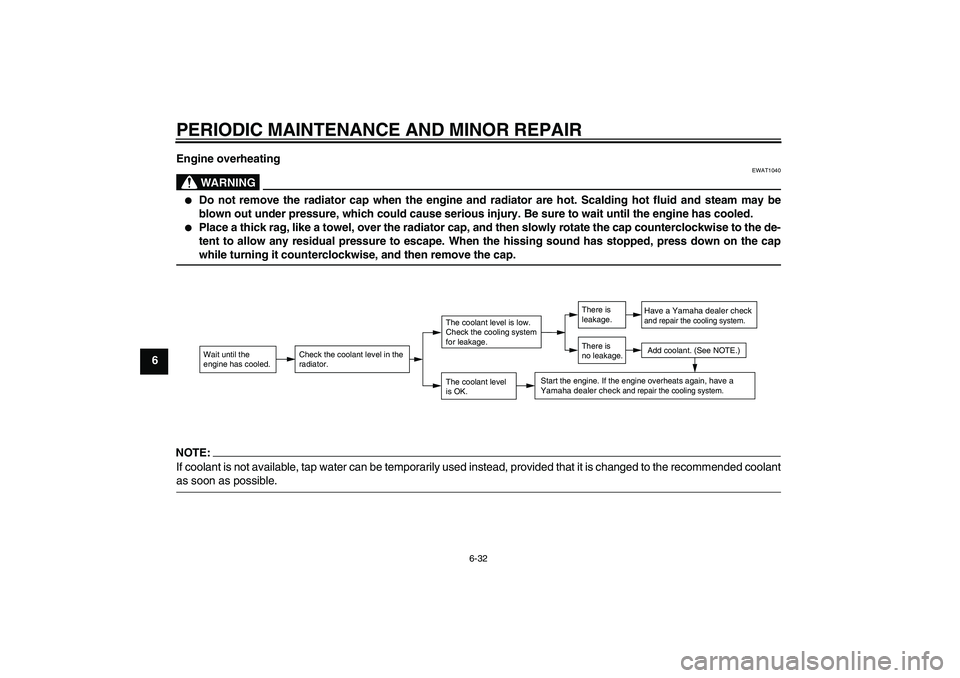 YAMAHA YZ85 2008 Manual PDF PERIODIC MAINTENANCE AND MINOR REPAIR
6-32
6Engine overheating
WARNING
EWAT1040

Do not remove the radiator cap when the engine and radiator are hot. Scalding hot fluid and steam may be
blown out und