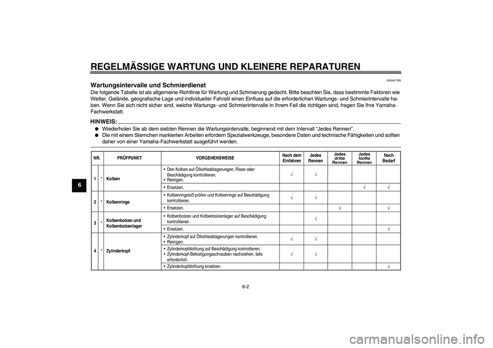 YAMAHA YZ85 2008  Betriebsanleitungen (in German) REGELMÄSSIGE WARTUNG UND KLEINERE REPARATUREN
6-2
6
GAU41795
Wartungsintervalle und Schmierdienst Die folgende Tabelle ist als allgemeine Richtlinie für Wartung und Schmierung gedacht. Bitte beachte