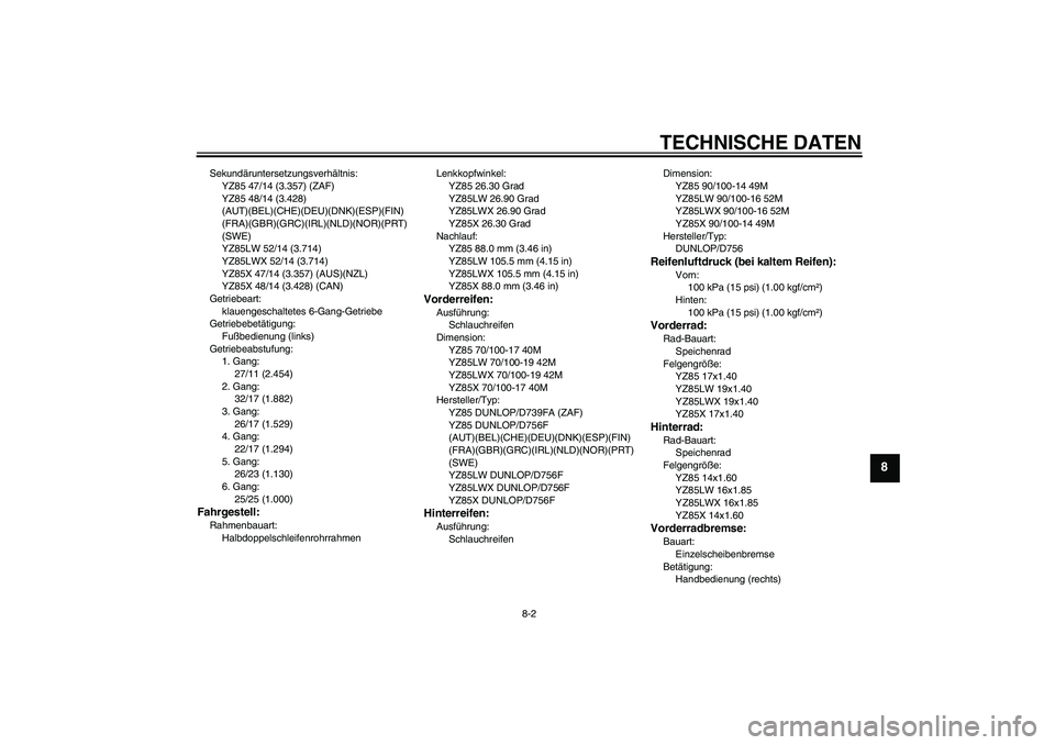 YAMAHA YZ85 2008  Betriebsanleitungen (in German) TECHNISCHE DATEN
8-2
8
Sekundäruntersetzungsverhältnis:
YZ85 47/14 (3.357) (ZAF)
YZ85 48/14 (3.428) 
(AUT)(BEL)(CHE)(DEU)(DNK)(ESP)(FIN)
(FRA)(GBR)(GRC)(IRL)(NLD)(NOR)(PRT)
(SWE)
YZ85LW 52/14 (3.714
