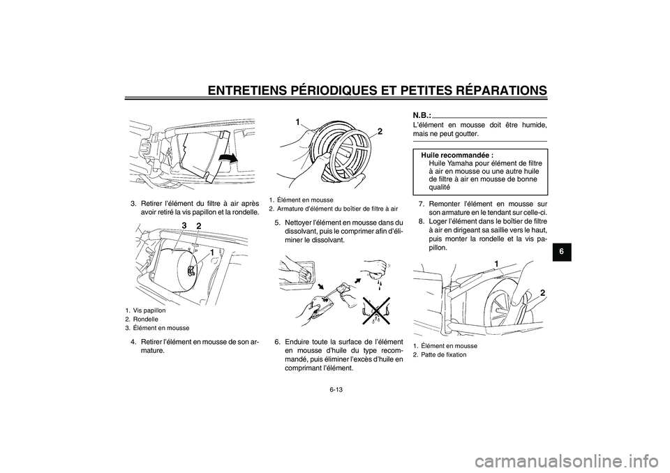 YAMAHA YZ85 2008  Notices Demploi (in French) ENTRETIENS PÉRIODIQUES ET PETITES RÉPARATIONS
6-13
6
3. Retirer l’élément du filtre à air après
avoir retiré la vis papillon et la rondelle.
4. Retirer l’élément en mousse de son ar-
matu