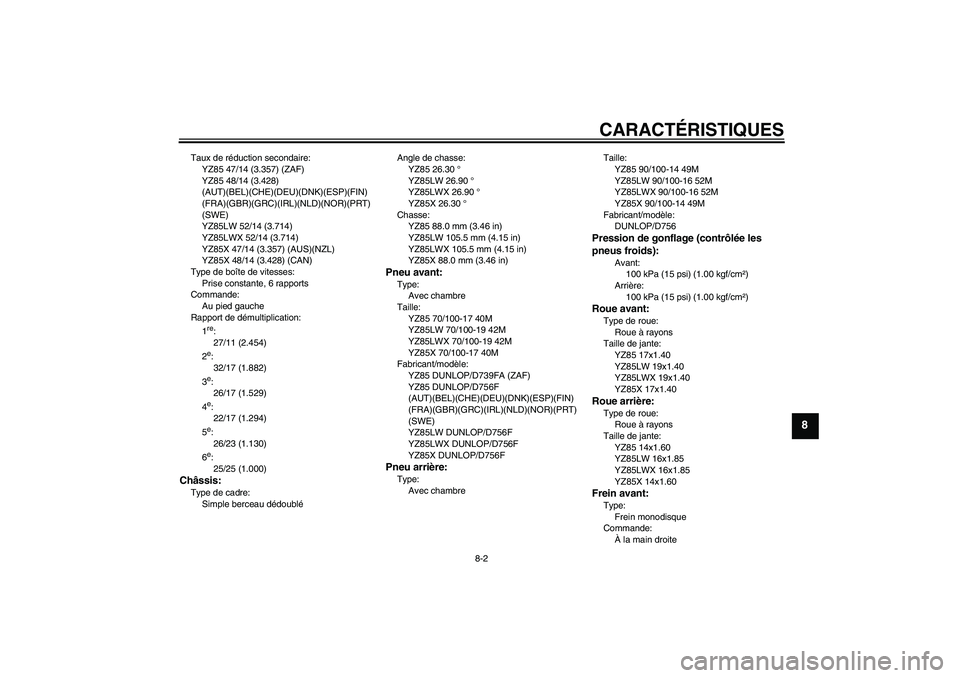 YAMAHA YZ85 2008  Notices Demploi (in French) CARACTÉRISTIQUES
8-2
8
Taux de réduction secondaire:
YZ85 47/14 (3.357) (ZAF)
YZ85 48/14 (3.428) 
(AUT)(BEL)(CHE)(DEU)(DNK)(ESP)(FIN)
(FRA)(GBR)(GRC)(IRL)(NLD)(NOR)(PRT)
(SWE)
YZ85LW 52/14 (3.714)
Y