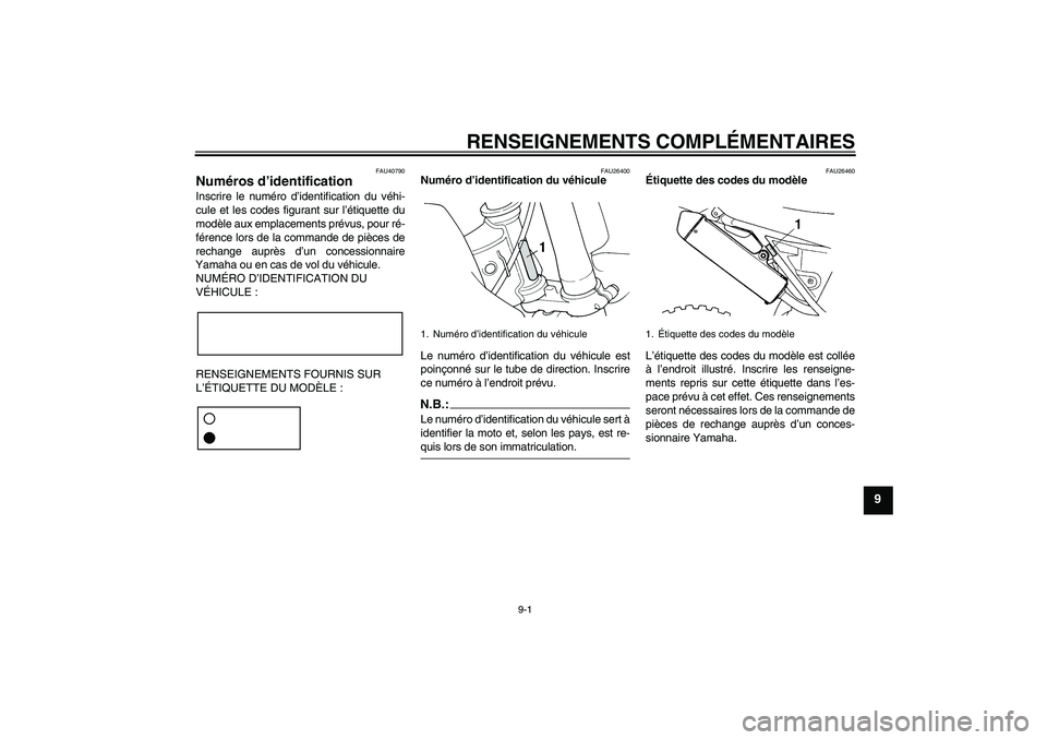 YAMAHA YZ85 2008  Notices Demploi (in French) RENSEIGNEMENTS COMPLÉMENTAIRES
9-1
9
FAU40790
Numéros d’identification Inscrire le numéro d’identification du véhi-
cule et les codes figurant sur l’étiquette du
modèle aux emplacements pr