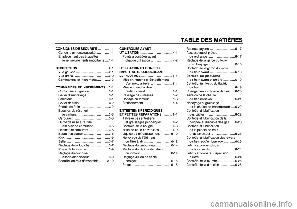 YAMAHA YZ85 2008  Notices Demploi (in French) TABLE DES MATIÈRES
CONSIGNES DE SÉCURITÉ ............ 1-1
Conduite en toute sécurité.............. 1-1
Emplacement des étiquettes 
de renseignements importants  ....1-4
DESCRIPTION .............