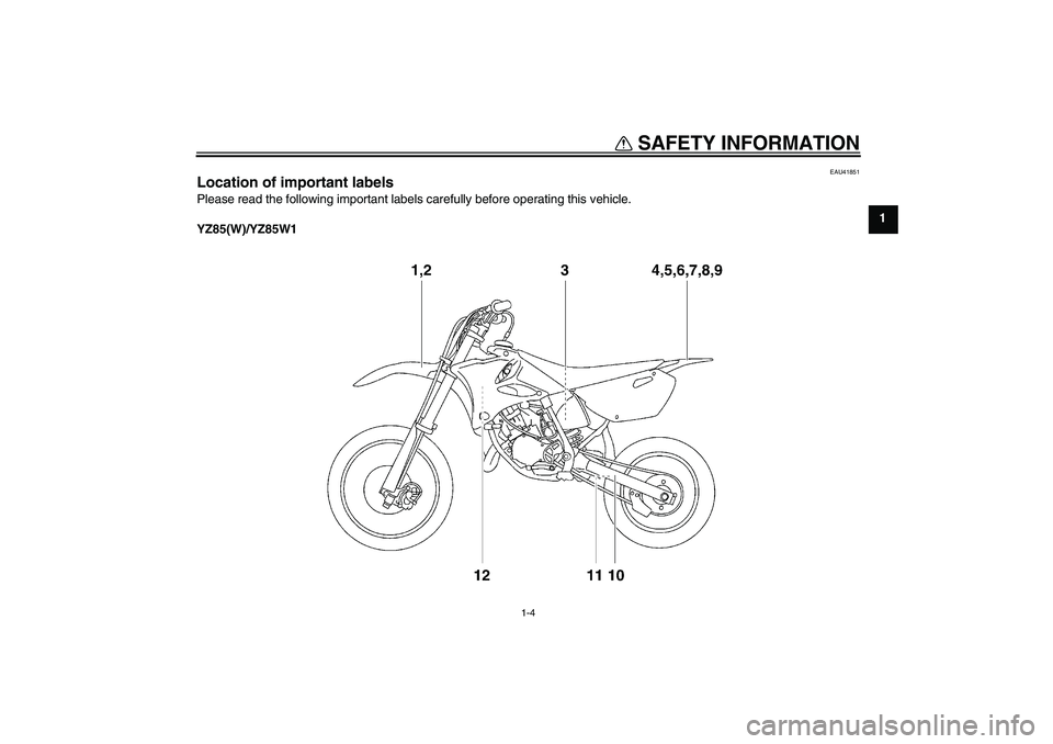 YAMAHA YZ85 2007 User Guide SAFETY INFORMATION
1-4
1
EAU41851
Location of important labels Please read the following important labels carefully before operating this vehicle.
YZ85(W)/YZ85W1
U5PA85E0.book  Page 4  Thursday, April